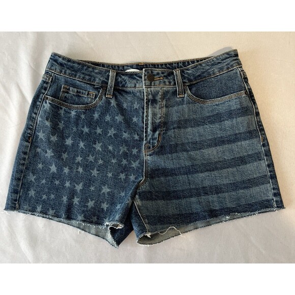 Old Navy Pants - Old Navy Secret Slim Blue Pockets Stars Stripes Raw Hem Denim Shorts Sz 10